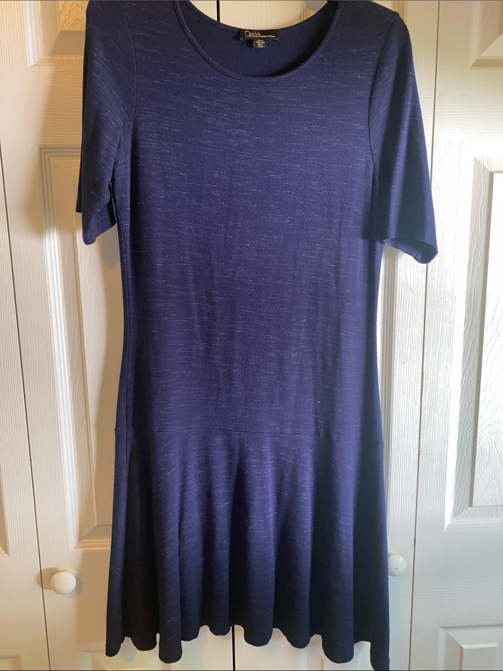 Dalia Deep Heathered Navy Short Sleeve Knit Dropped Waist Fit and Flare Dress